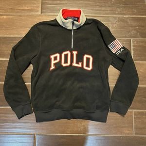 Polo Ralph Lauren Sweater Adult M Black USA Flag 1/4 Zip Polar Fleece Sweatshirt